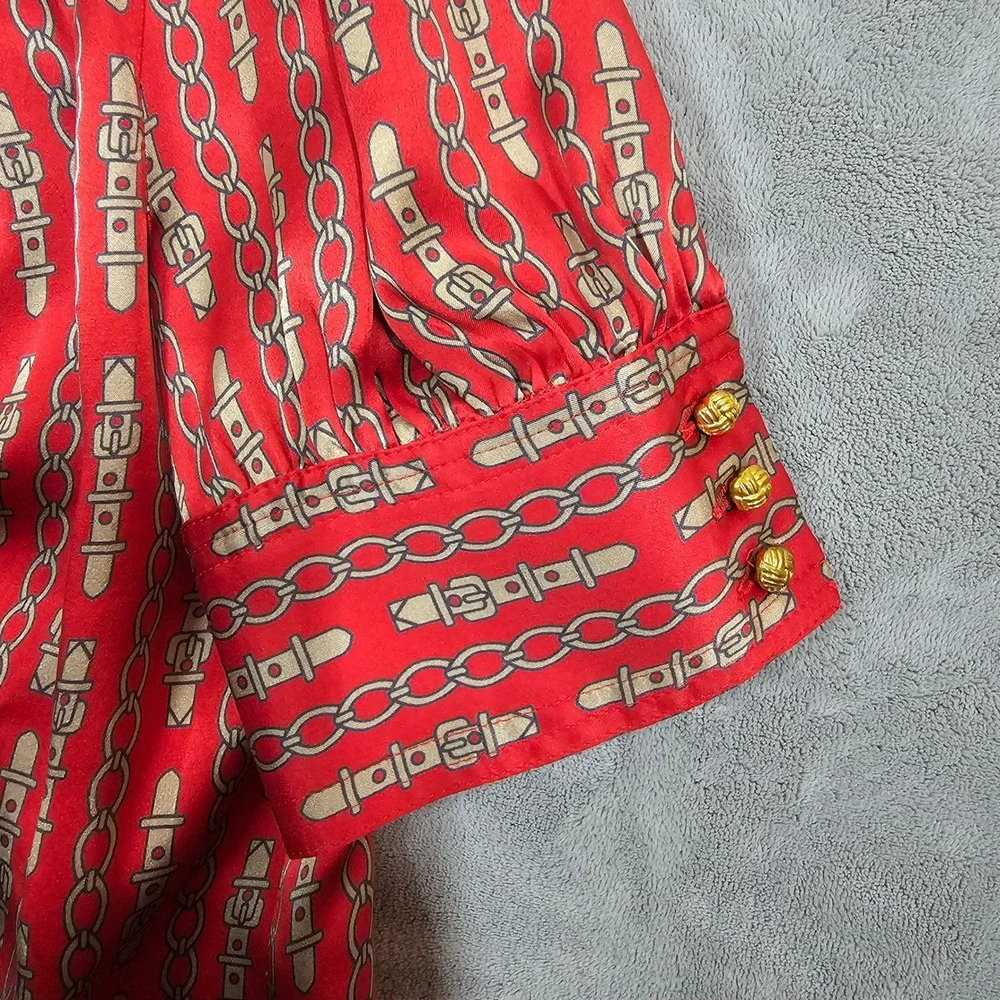 Banana Republic Red Silk Equestrian Chain Print Tie Neck Blouse Petite S